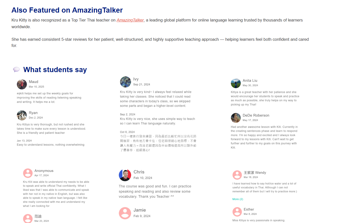 รีวิว 5 ดาวของ Kru Kitty บน AmazingTalker